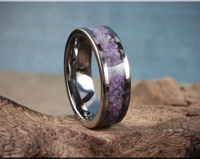 Super Titanium Channel Ring w/Charoite stone inlay - metal ring
