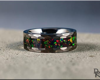 Hammered Tungsten Carbide Ring with Opal inlay