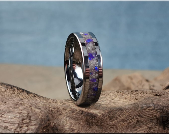 Flat Edge Tungsten Carbide Channel Ring w/Muscovite and Opal inlay - metal ring