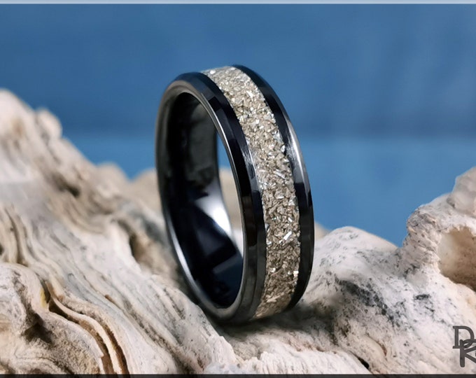 Polished Black Ceramic Channel Ring w/Crushed Silver Glass inlay - ceramic ring