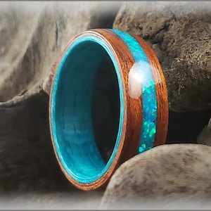 Dual Bentwood Ring - Honduran Mahogany w/Aqua Opal and Glow mix inlay, on bentwood Ocean Blue Koto ring core