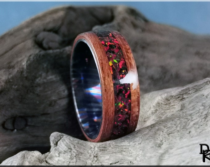 Bentwood Ring - Jatoba w/Black Cherry Opal inlay, on Timascus inner core - wood ring