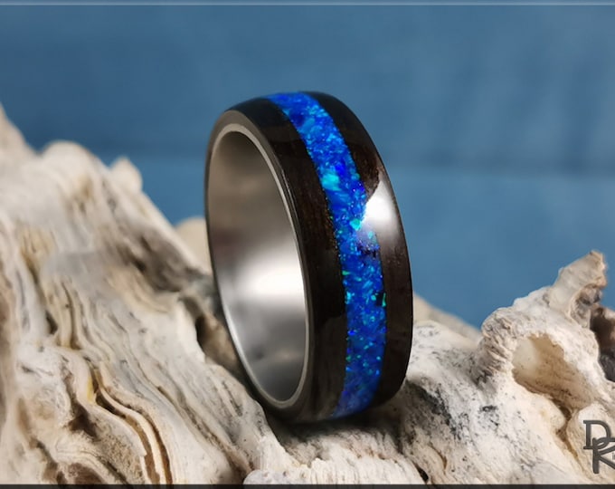 Bentwood Ring - Smoked Eucalyptus w/Sleepy Blue opal inlay on titanium ring core - wood ring