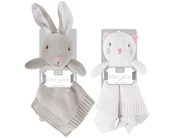 Personalised Cat or Bunny Knitted Comforter, ideal gift for Christening or Baptism, unique newborn gift or baby shower present