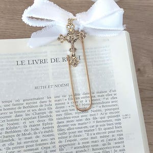 Catholic Handmade Bookmark with Crucifix, Personalized Fabric Bow, Gold or Silver Paperclip, Religious Gift for Bible and Prayer Journals