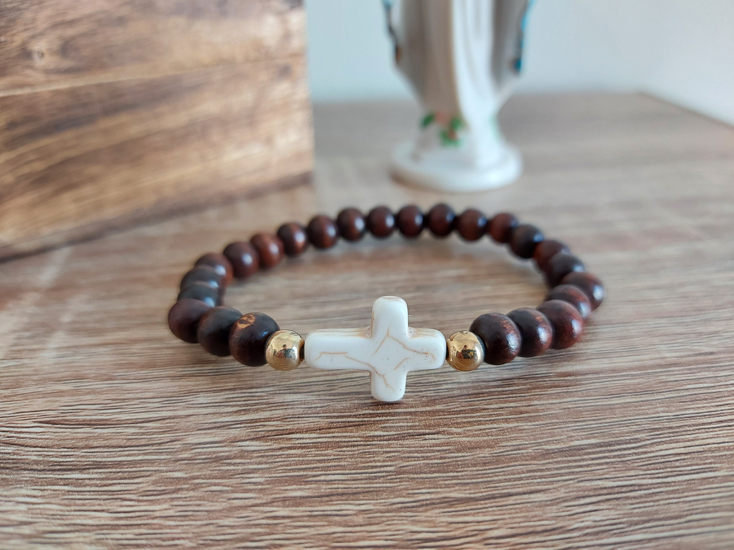 Catholic Rosary Bracelet With Wood Beads Resin Cross, Handmade
