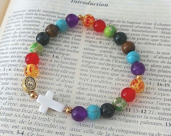 Bracelet Spirituel Catholique Pierres aux Couleurs Symboliques, Croix Blanche et Médaille Miraculeuse – Bijou de Prière et de Dévotion