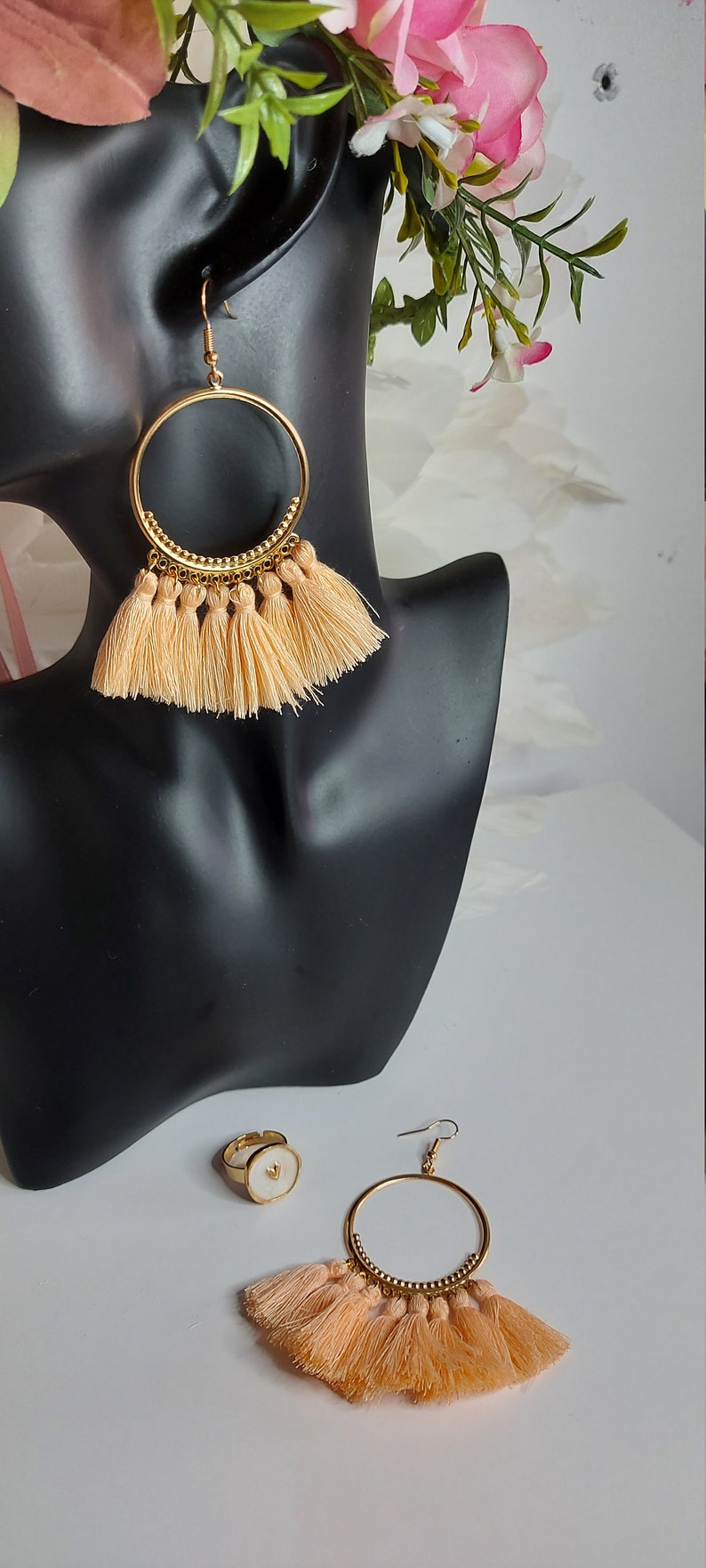 ethnic earrings boho jewelry ring set Earrings charm poms poms salmon pompoms