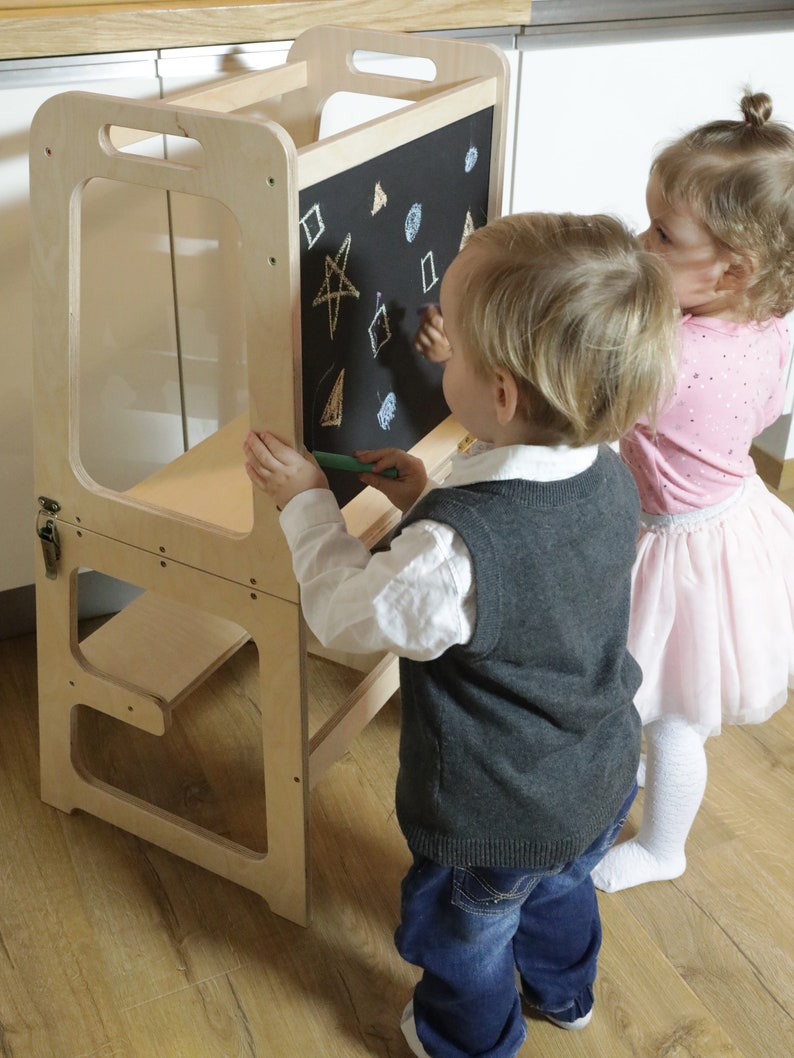 Montessori helper tower Table & Chair All-In-One, Tower with blackboard, Kitchen step stool, Kids helper tower, Folding toddler tower image 6