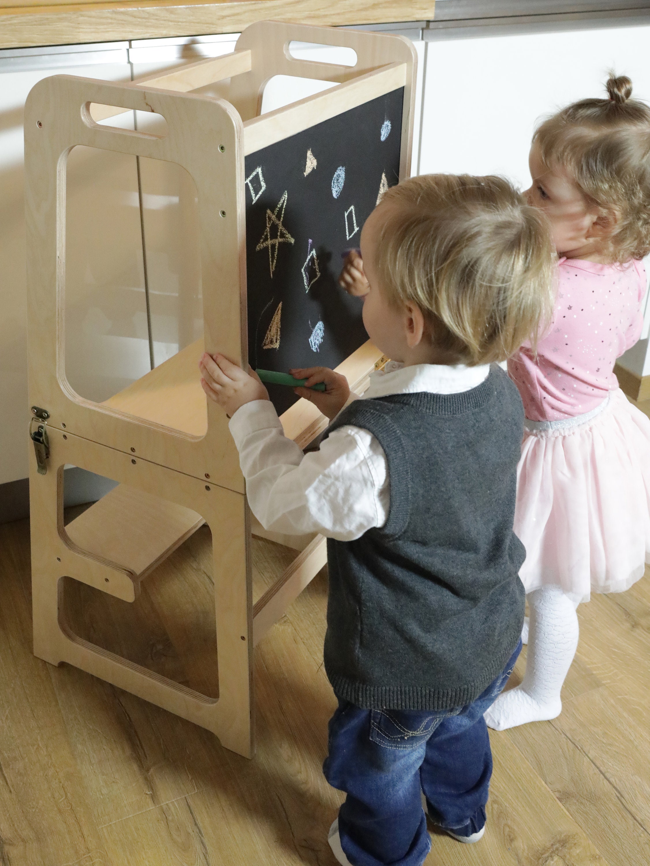 The Folding Learning Tower for Toddlers | Montessori Kitchen Helper - Xiha Toy White + Chalkboard