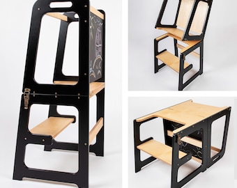 Tour d'appoint Montessori - Table et chaise tout-en-un, tour avec tableau, escabeau de cuisine, tour d'appoint pliable