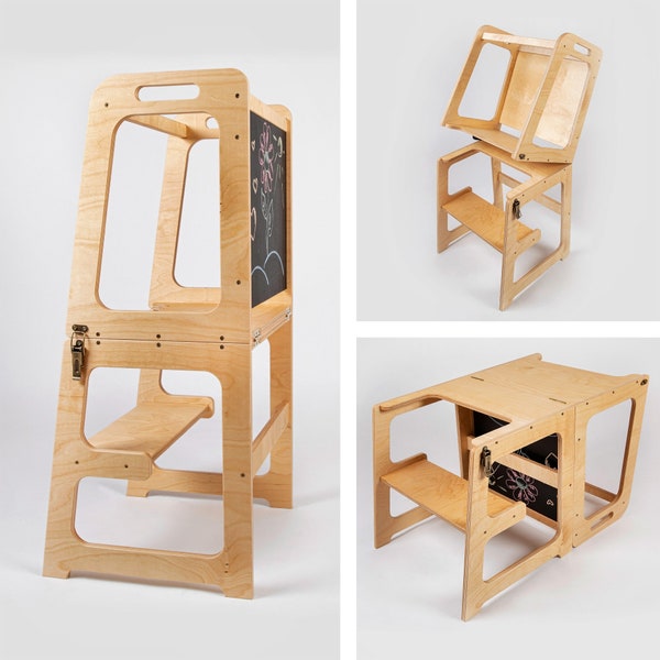 Montessori Happy Tower: Konvertibel pall, bord och stol allt-i-ett med svarta tavlor