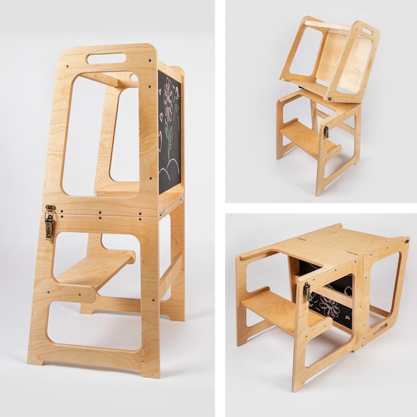 Montessori Helfer Turm - Tisch & Stuhl All-In-One, Turm mit Tafel, Küchen Tritthocker, Kinder Helfer Turm, klappbarer Kleinkind Turm