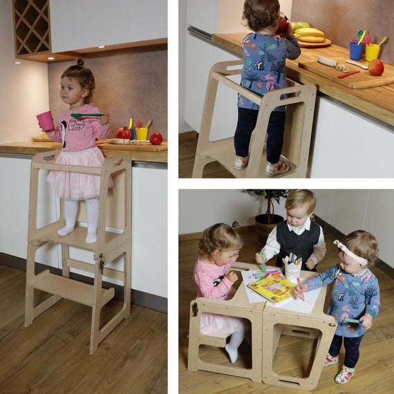  Torre para niños pequeños, taburete de cocina para niños, mesa  de destete plegable con pizarra y riel de seguridad, torre Montessori para  niños pequeños y taburete para baño y mostrador 