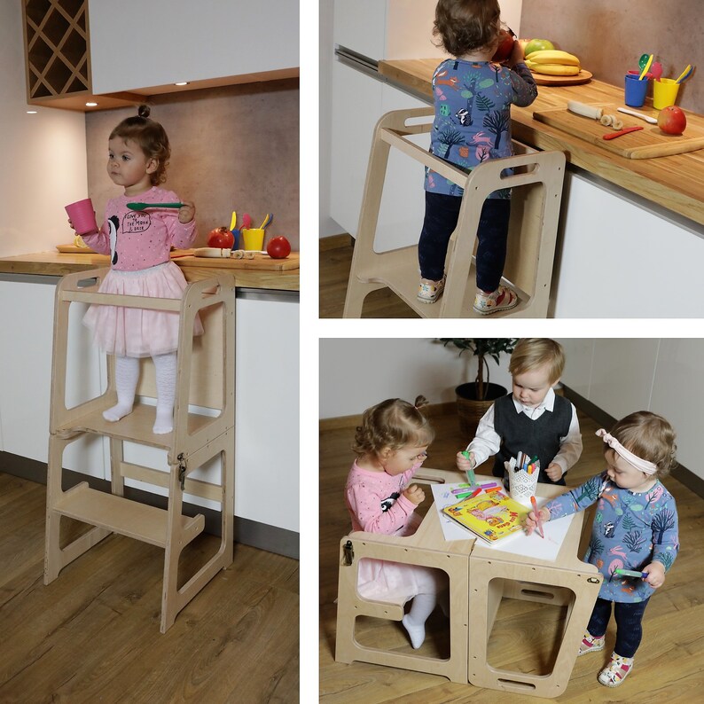 Montessori helper tower Table & Chair All-In-One, Tower with chalkboard, Kitchen step stool, Foldable helper tower image 10