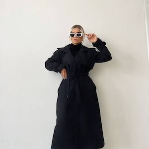 Women long trench coat in Black. Belted trench coat. Spring elegant belted chic long overcoat. Spring Trench Jacket