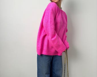 Pink Oversized Knit Sweater, Wool Acrylic Blend
