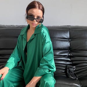 Green Satin Women's Pantsuit, Green Satin Shirt with Loose Pants, Wedding Guest Suit, Green Suit for Special Occasion