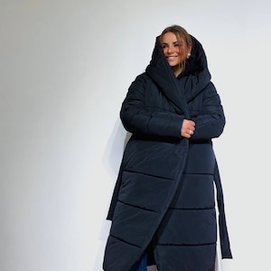 Long Puffer Coat with Hood for Winter, Women's Warm Puffer Jacket with Belt, Winter Puffer Jacket for Women, Long hooded puffer coat