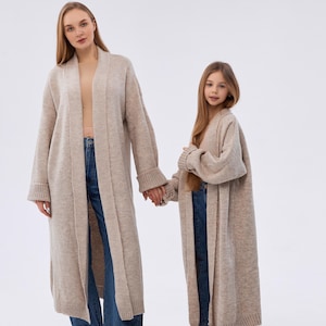 Matching Knit Cardigan Set | Mom and Daughter Outfits | Beige Long Knit Coat | Family Look Clothing | Oversized Wool Cardigan | Mommy and Me