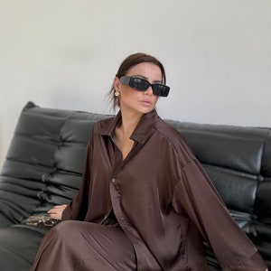 Silk suit, silk blouse, silk trousers pants, chocolate silk costume, casual woman clothes, silk shirt daily clothes, silk set, party clothes