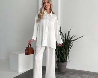 White Silk Bridal Suit, Oversized Shirt and Pants Set