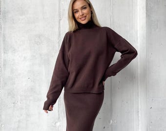 Brown Knit Skirt Set – Ribbed Wool Blend Sweater Outfit
