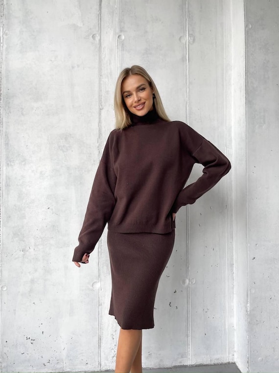 sweater skirt dress PRETTYGARDEN Women 2 Piece Striped Set, Apricot Stripe,S knit bodice and ruffled neckline with a fully lined Black ribbed sweater and skirt
