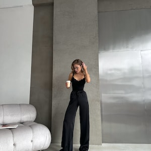 Pantalon large taille haute en soie noir, pantalon en soie, pantalon en soie, pantalon en soie noir, pantalon en soie grande taille