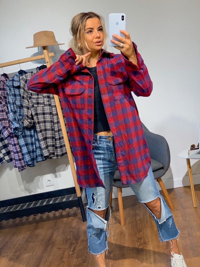 plaid shirt plaid shirt women plaid shirt women oversized Distressed Oversize Shirt plaid shirt bridesmaid Red plaid Flannel shirt