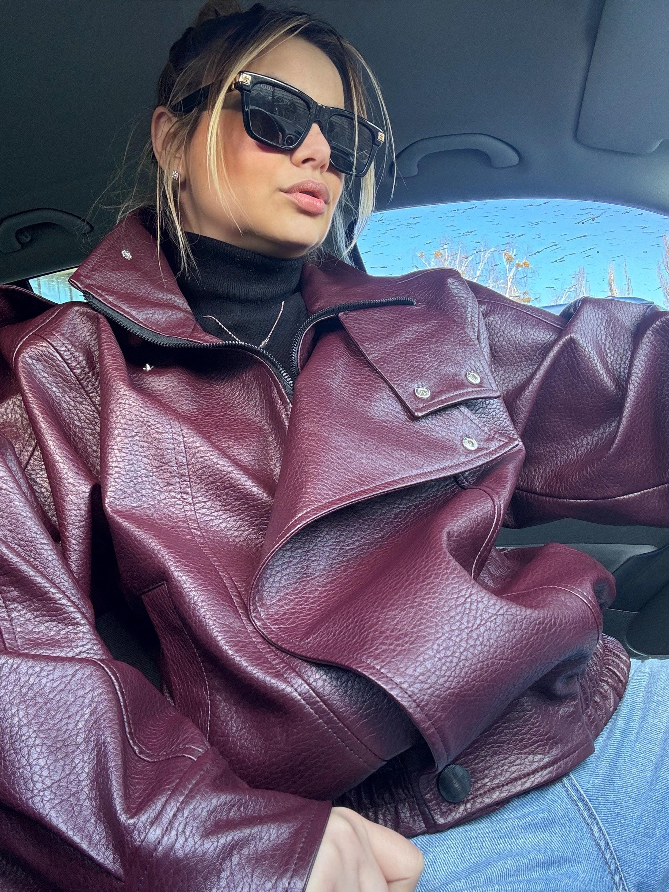 Oversized Burgundy Leather Jacket, High Neck Minimalist Coat