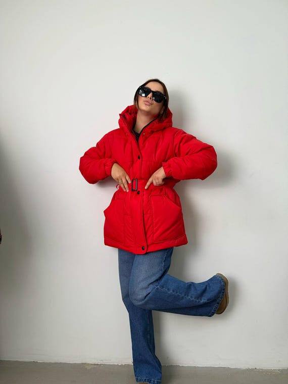 Red belted puffer coat deals