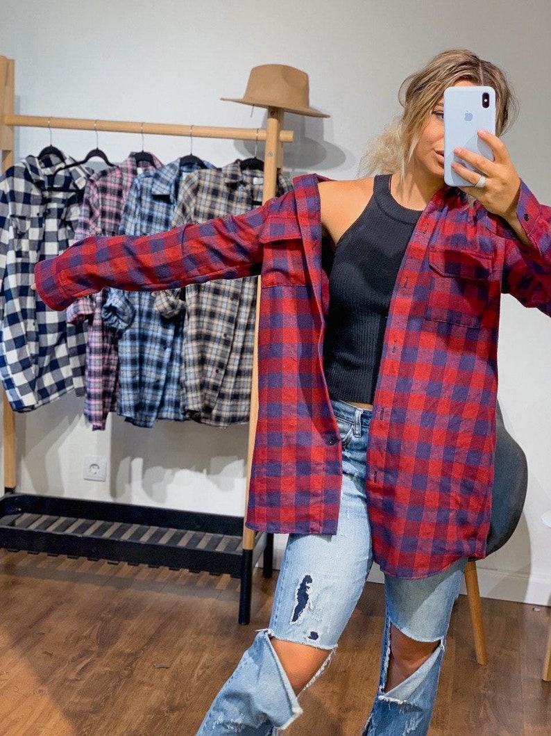 plaid shirt plaid shirt women plaid shirt women oversized Distressed Oversize Shirt plaid shirt bridesmaid Red plaid Flannel shirt