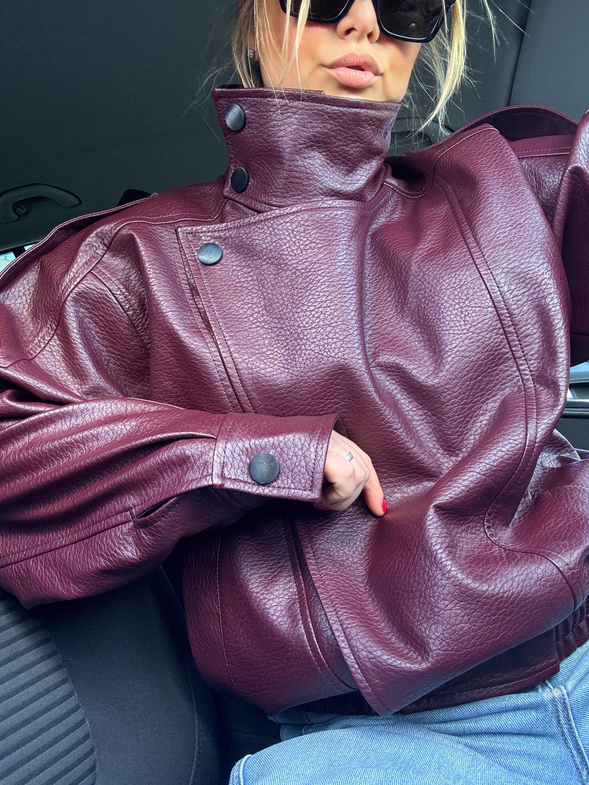 Oversized Burgundy Leather Jacket, High Neck Minimalist Coat