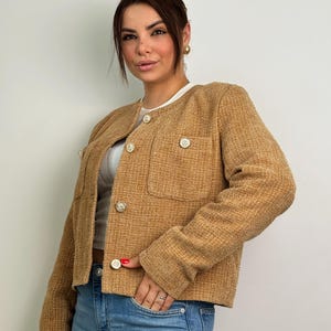 Beige Tweed Jacket, Classic Tweed Coat, Gold Button Jacket, Elegant Women's Blazer,  Business Casual Blazer, Fashionable Tweed Jacket