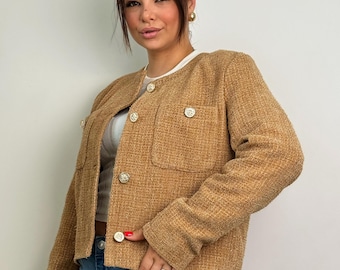 Beige Tweed Cropped Blazer, Wool Short Coat, Elegant Women's Jacket