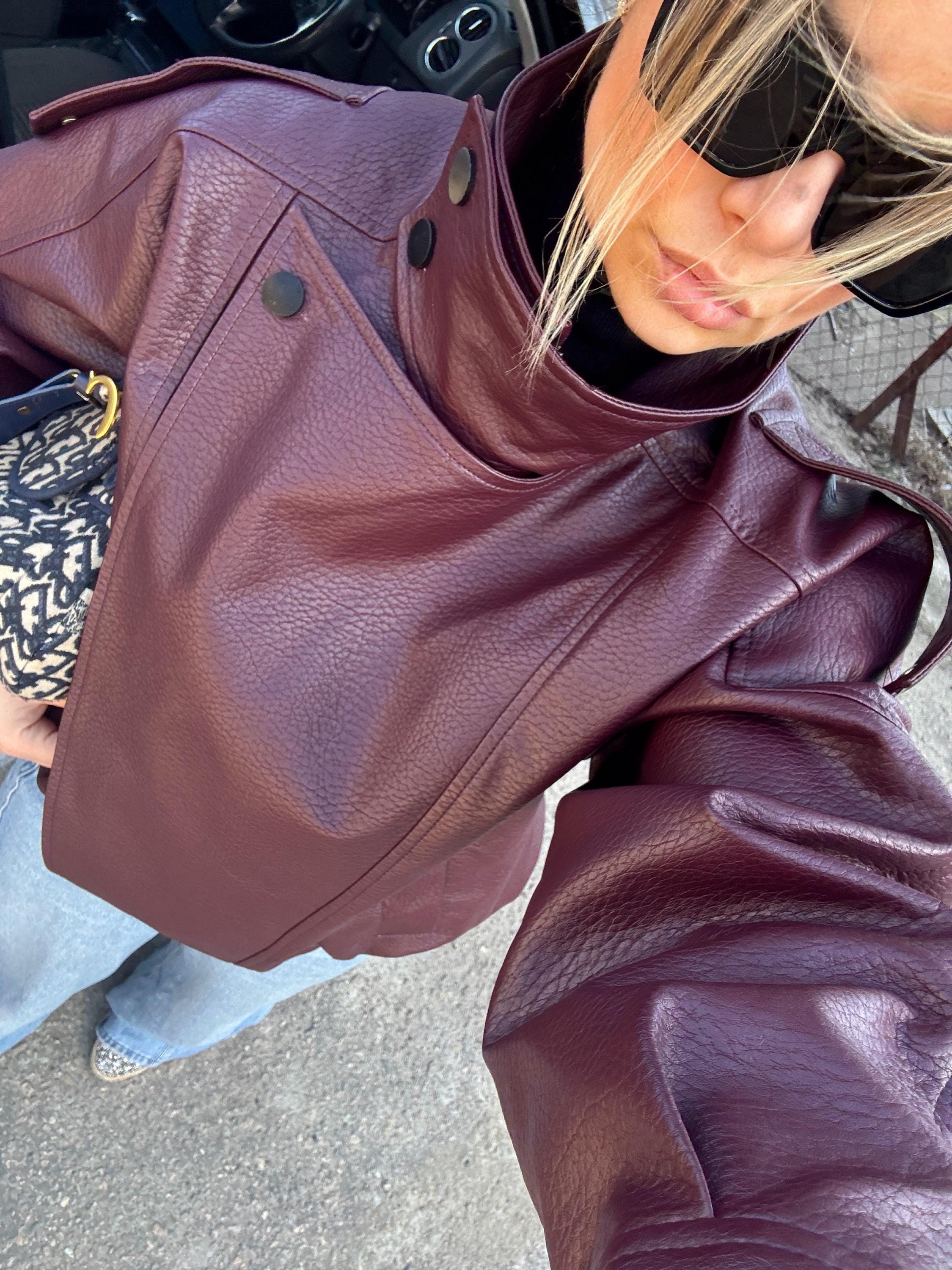 Oversized Burgundy Leather Jacket, High Neck Minimalist Coat