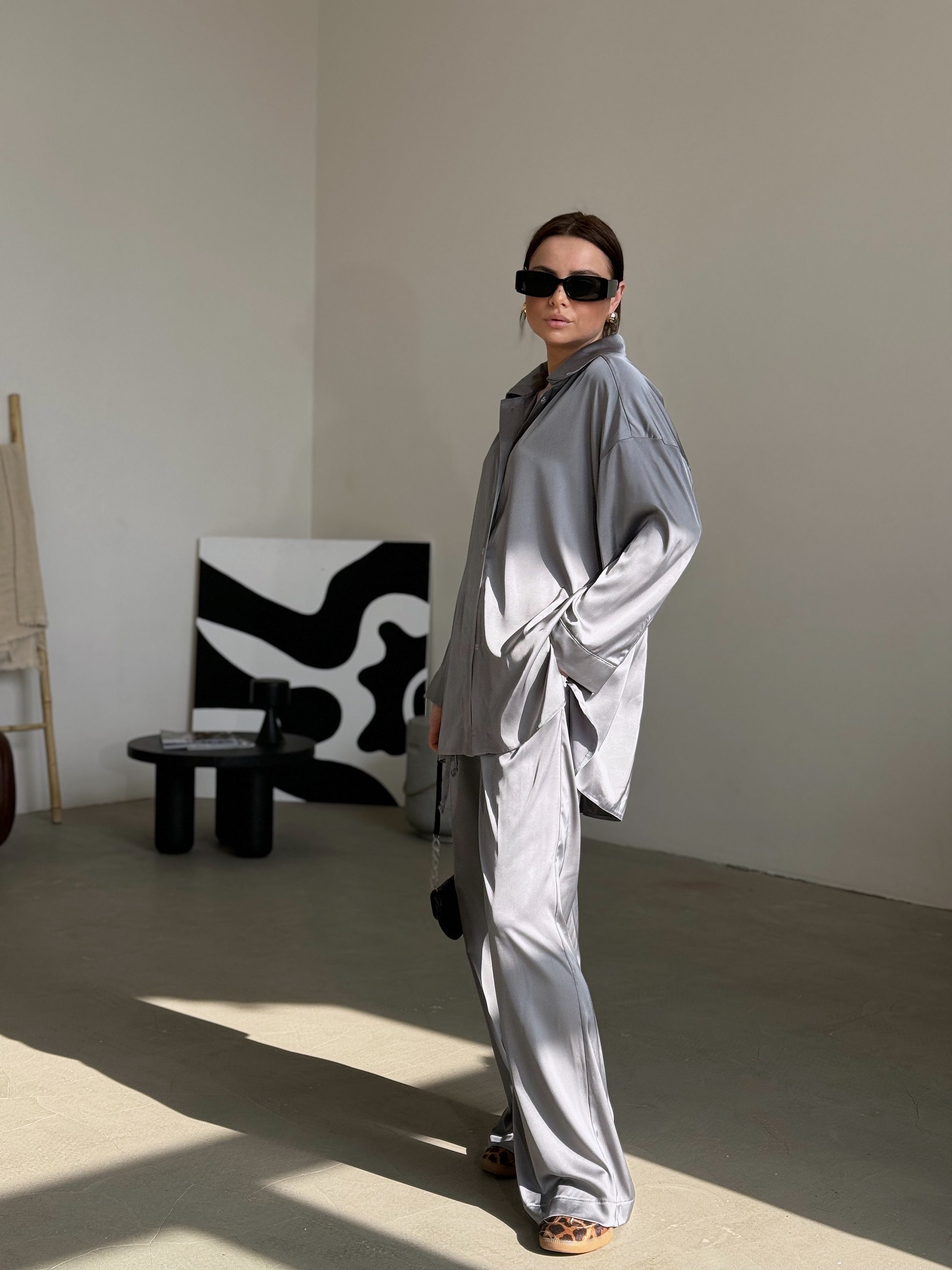 Silver Satin Pantsuit, Women's Silk Lounge Set