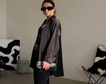 Black Satin Suit | Asymmetric Shirt, Wide Leg Pants