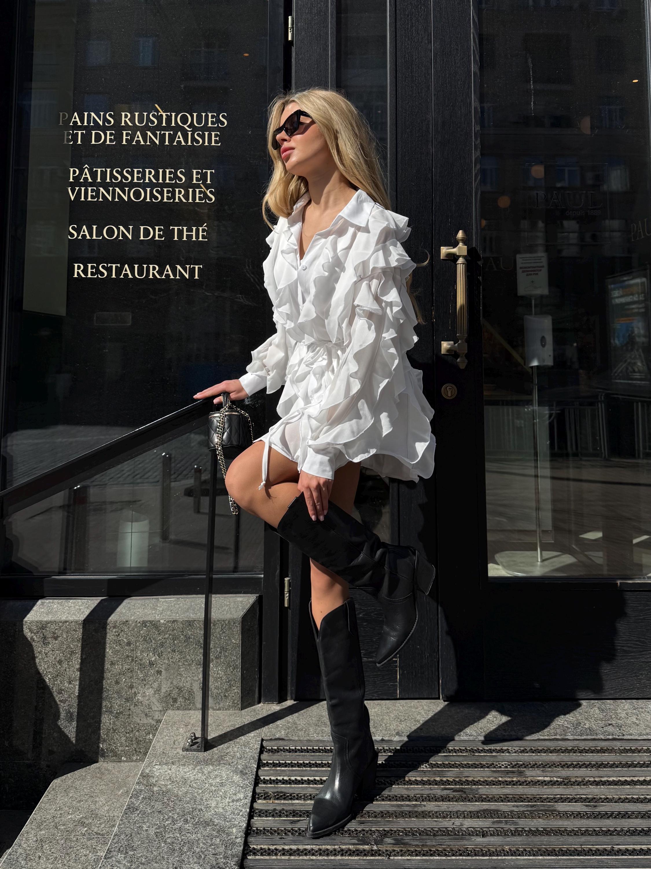 white ruffle shirt dress White Ruffle Shirt Dress for Women