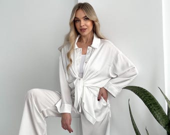 White Silk Palazzo Suit, Women's Two Piece Set, Handmade