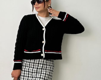Knitted Cardigan: Contrast Trim, Gold Buttons, Women's Elegant Knitwear