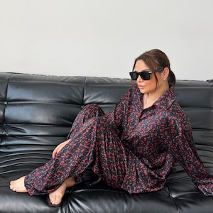 Black Silk Pantsuit for Women, Silk Shirt and Wide Leg Pants for Women, Silk Summer Pantsuit Set for Women, Silk Wide Leg pants