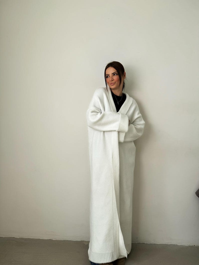 Heavy Knit Duster, White Cable Knit Coat, Huge Sleeves, Long Duster