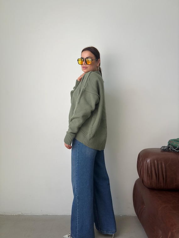 【COSYHARU】Blue Green F/W Overfit Knit Pigment Dyed Cozy Campfire V-Neck Sweatshirt · Filly Flair