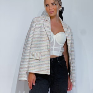tweed jacket womens jacket tweed blazer white jacket cropped jacket clothing fashions elegant clothes outwear coat jacket