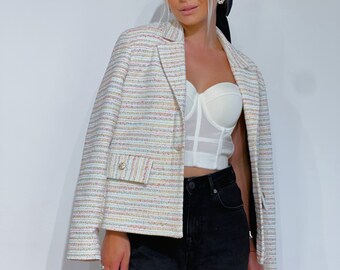 tweed jacket womens jacket tweed blazer white jacket cropped jacket clothing fashions elegant clothes outwear coat jacket