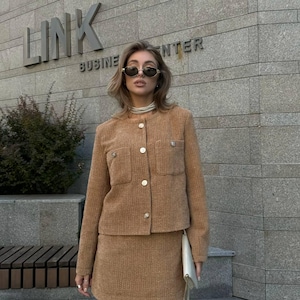 Altes Geld Tweed Rock und Blazer Weißer, edler Midirock und Blazer Set für Frauen, Anzug für Frauen, Beige Büro Rock und Blazer Set