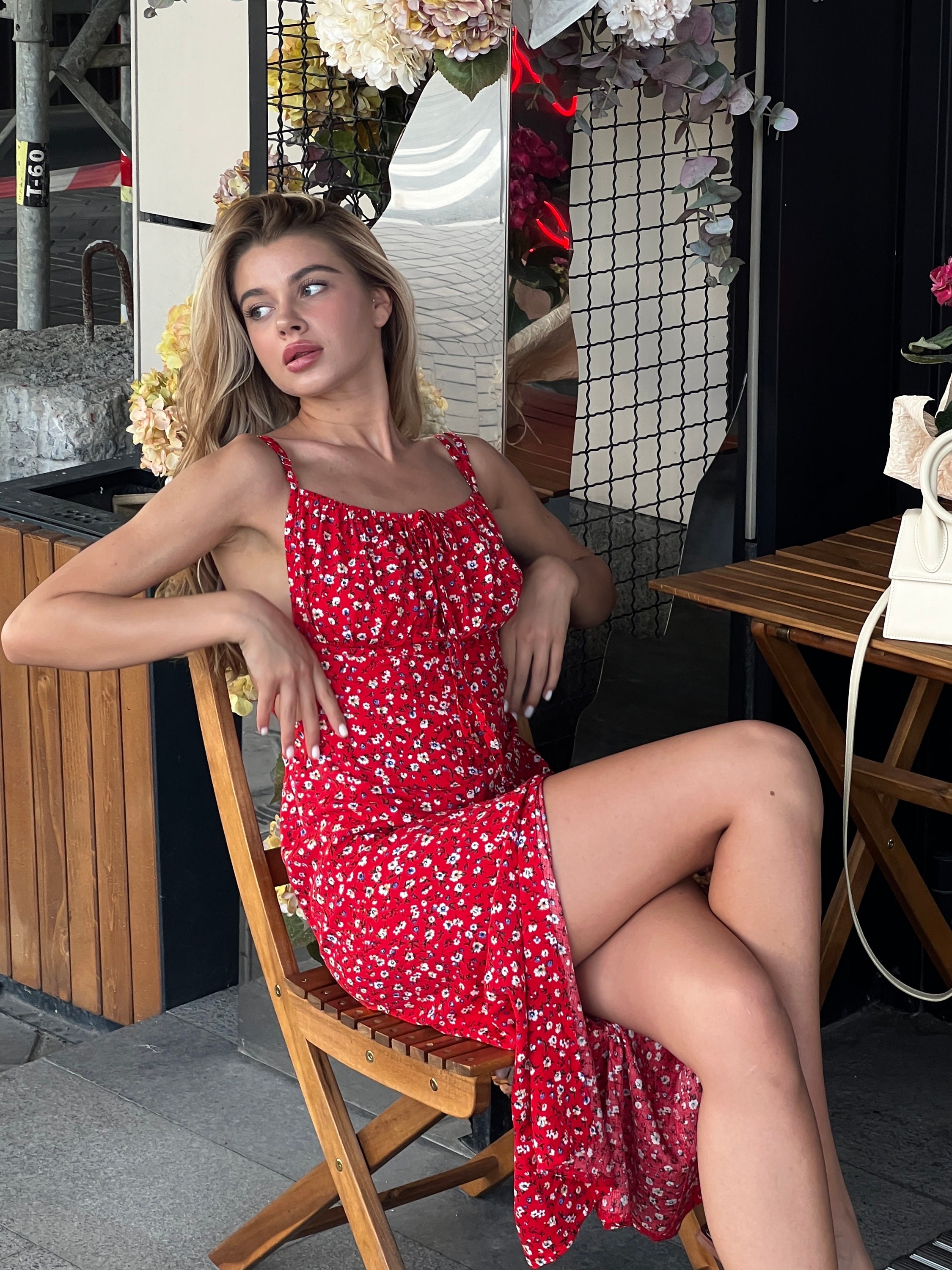 Red Sundress, Summer Women Flower Dress Y2K Elegant Dresses Sleevless  Lace-up Chest Floral Printed Party Sundress High Splitting Long Skirt - Etsy