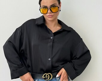 Silk Button-Down Blouse, Long Sleeve Drop Shoulder Top